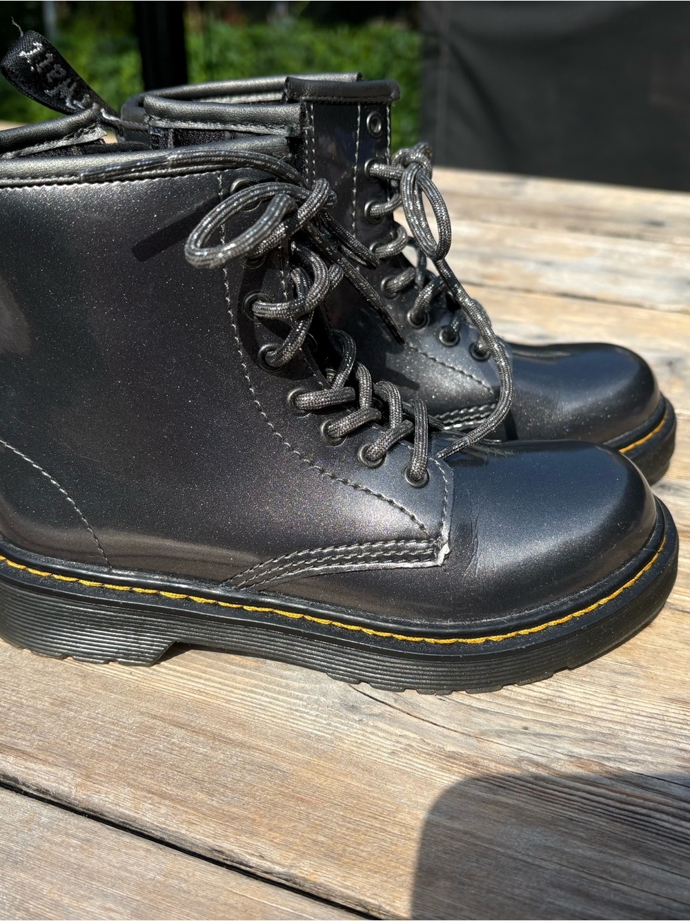 Dr. Martens grey metallic Kids Lace-Up Leather Boots with Yellow Stitching